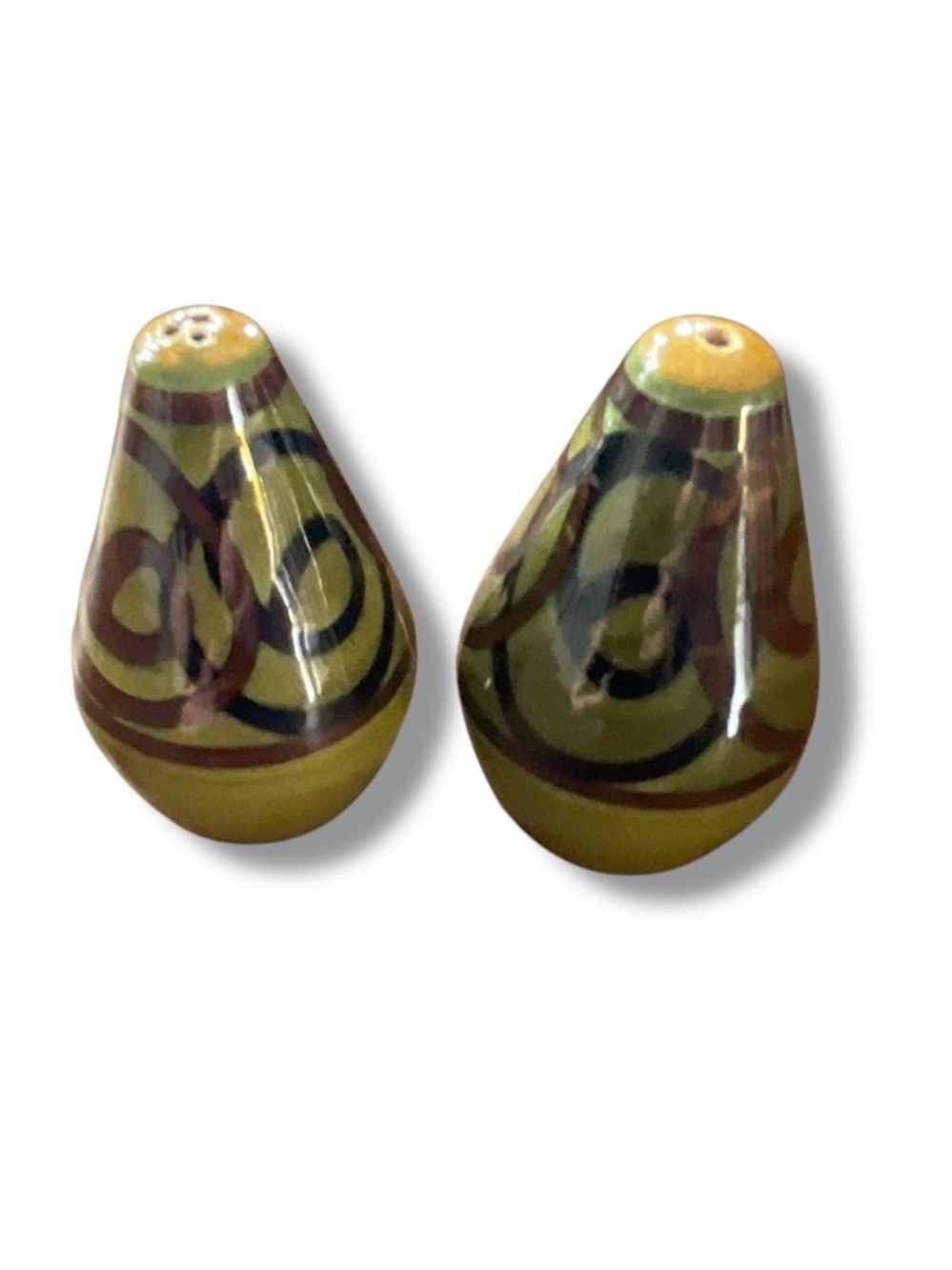 Vintage 70s Brixham Pottery Salt & Pepper Shakers‎ Olive Green Brown Cone Egg